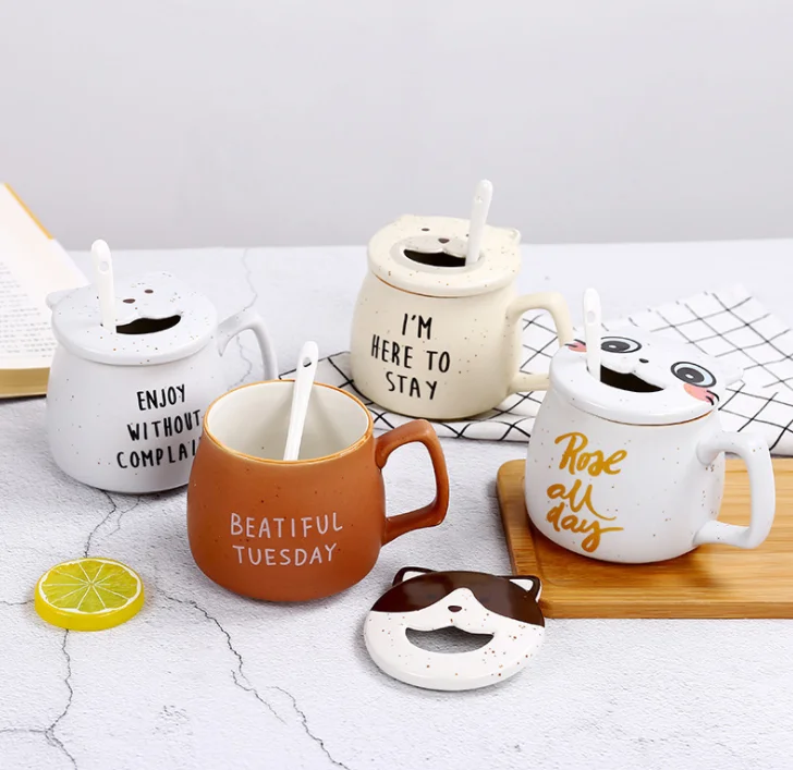 Promotion cute animal creative mug 3d ceramic mug with lid and spoon