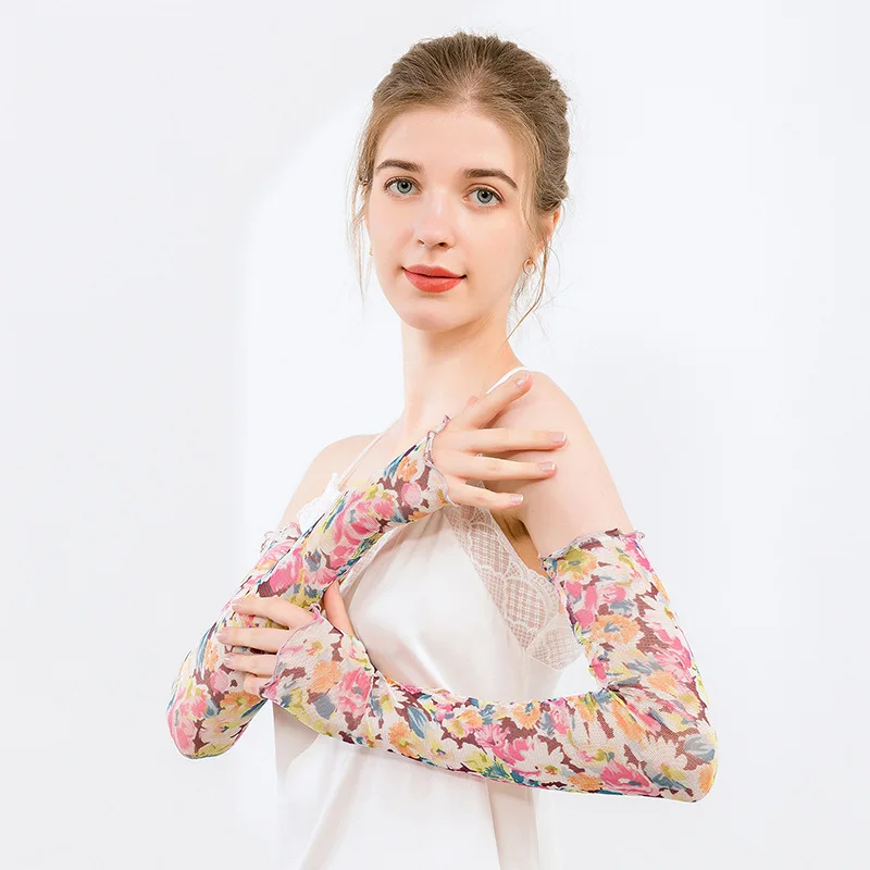 Summer Breathable Elegant Accessories Floral Printed Women 100% Silk Fingerless Gloves for Sun Protection