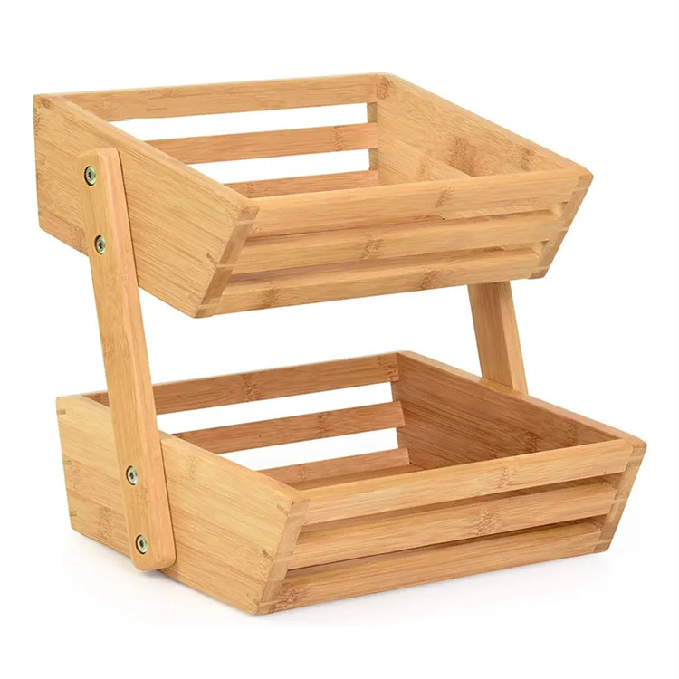Bread Storage Stand Vegetable Rack 2-Tier Bamboo Fruit Basket For Kitchen And Offic