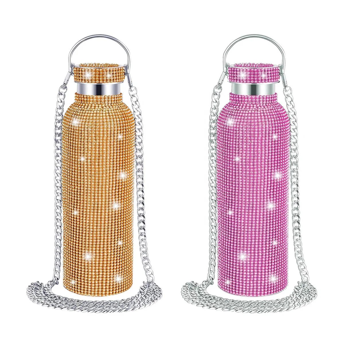 Diamond Water Bottle with Chain Bling Rhinestone Bottles Bulk Glitter Stainless Steel Water Bottle 600ml 20oz