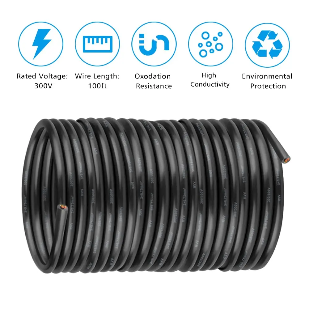 RVV Wire Cable Extension Cord Copper Electricity 3 Conductor 0.75mm Electric Cores Black Xlpe Power