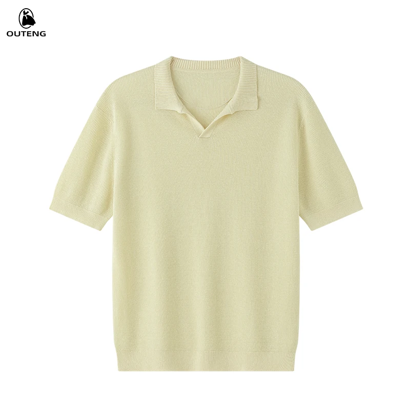 New Fashion Custom Knit Solid Color Men Polo Shirts Turn-Down Collar Short Sleeves 100%lINEN Knit Sweater