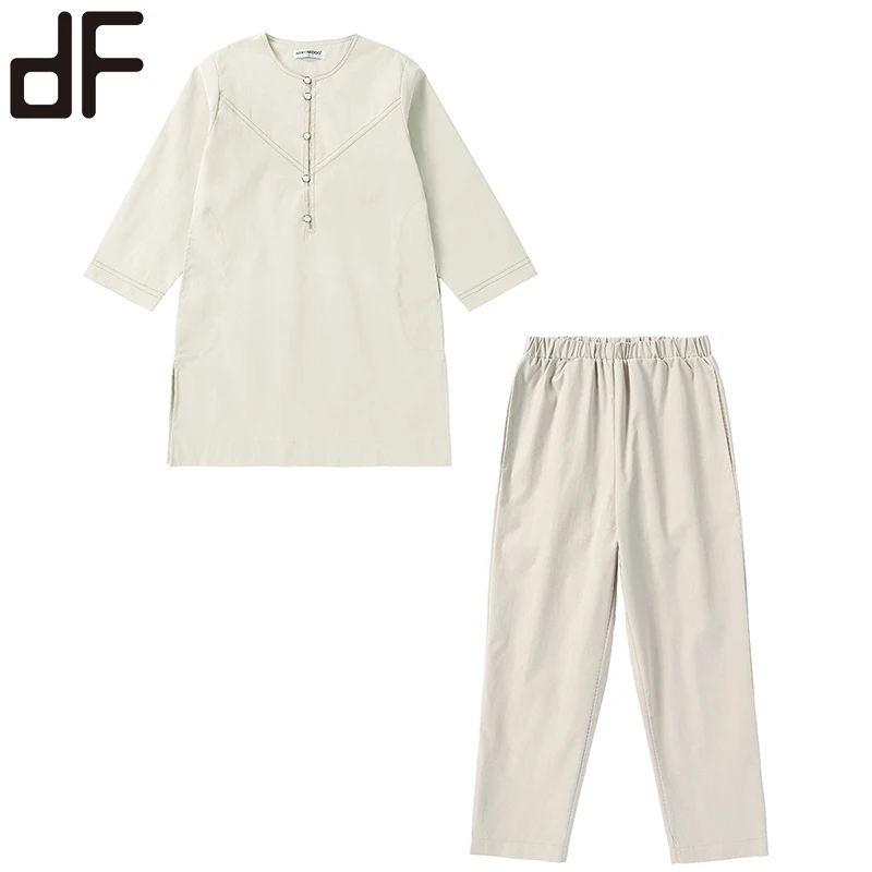 wholesale islamic children set clothing boys grey green button up kurta shirts with pants arabic tradition clothes for boy