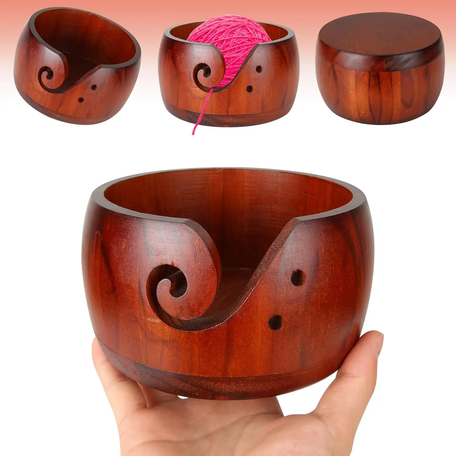 Wooden Crochet Yarn Bowl, Yarn Knitting Bowl with 12 Pcs Bamboo Crochet Hooks for Crocheting, Gift for Mom Grandma