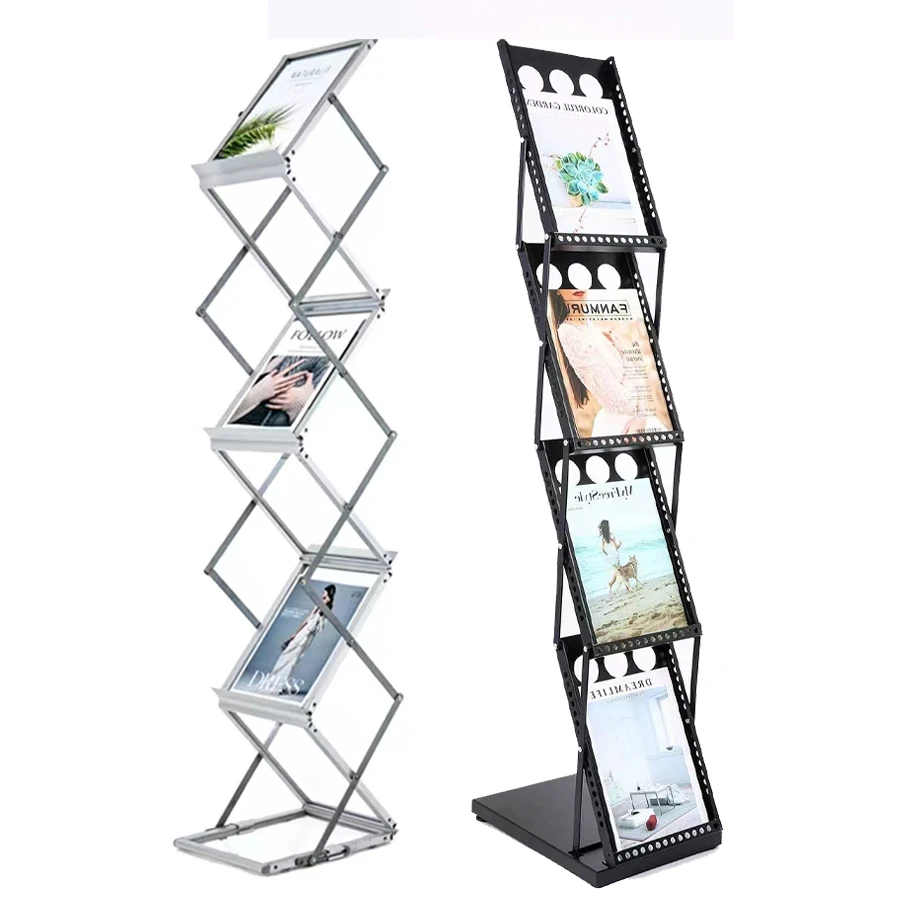 Custom  Black Silver Iron Aluminum alloy A4 Folding Display rack Magazine Poster stand book shelf