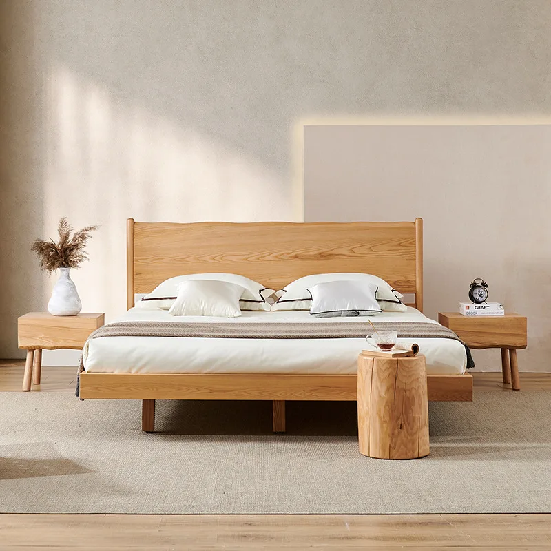Japanese cherry wood bedroom home pure solid wood double bed Nordic style natural wood color 1.6, 1.9 meter wedding bed