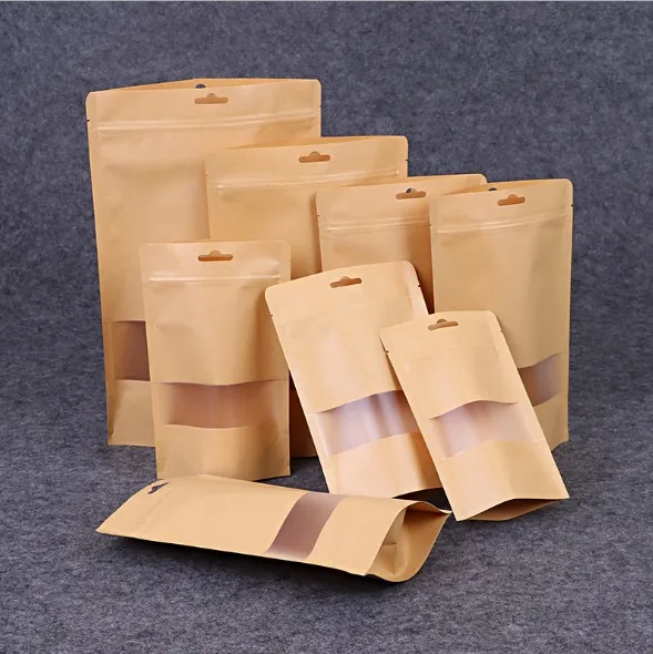
Brown Kraft Paper Stand Up Pouch With Clear Transparent Front Plastic Window Doypack Zip lock Food Packaging 