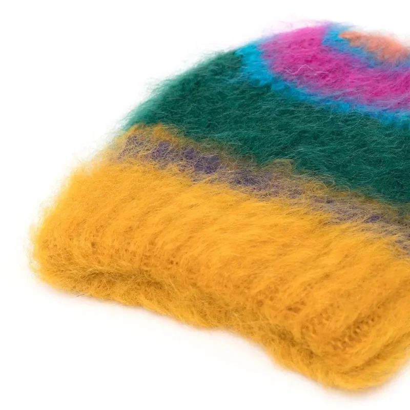 FYB Custom Jacquard Logo Knit Winter Color Block Stripe Fluffy Beanie Warm Fuzzy Knit Mohair Beanie Winter Hat