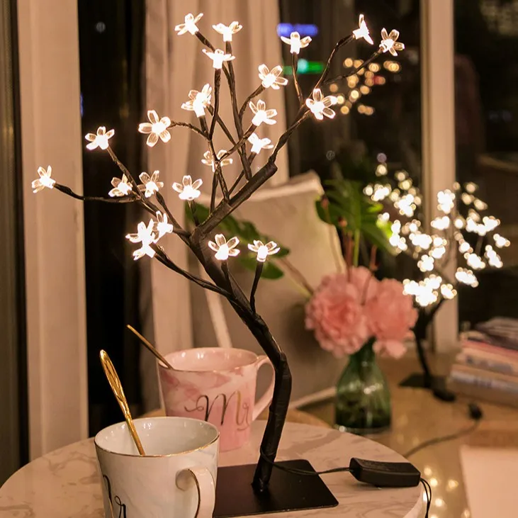 USB Gifts Wedding Valentine Flower Tree Cherry Blossom Rose Lamps Fairy Desk Night Lights Christmas Home Decoration Table Lamp