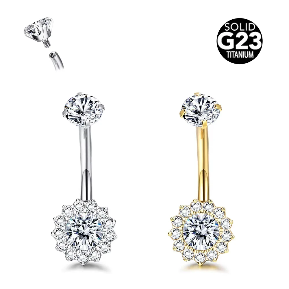 Gaby ASTM F136 Titanium Navel Ring Flower Full Cubic Zirconia Belly Ring New Fashion Belly Button Ring G23 Body Piercing Jewelry