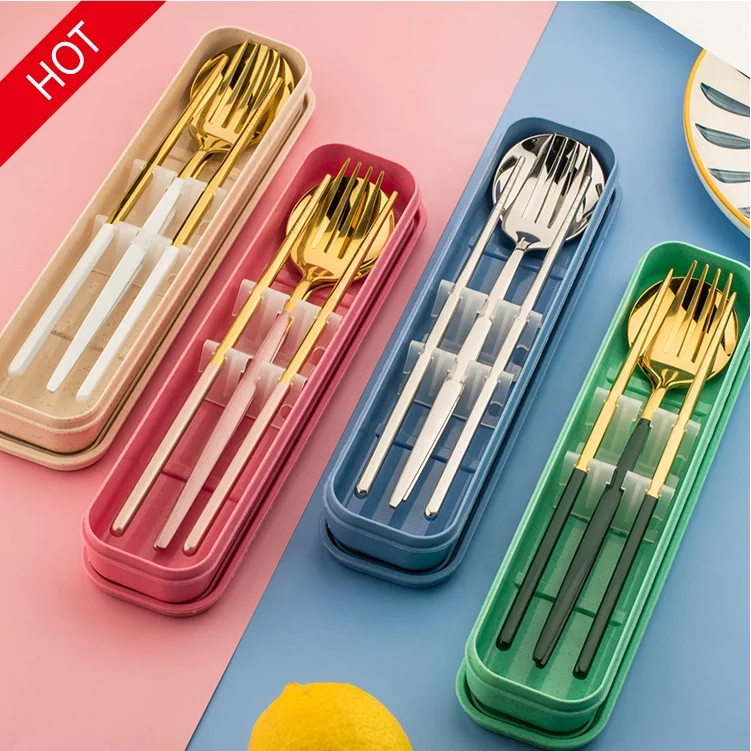 
Picnic portable portugal stainless steel white gold cutlery flatware set with colored handle in boxes  (1600190636601)