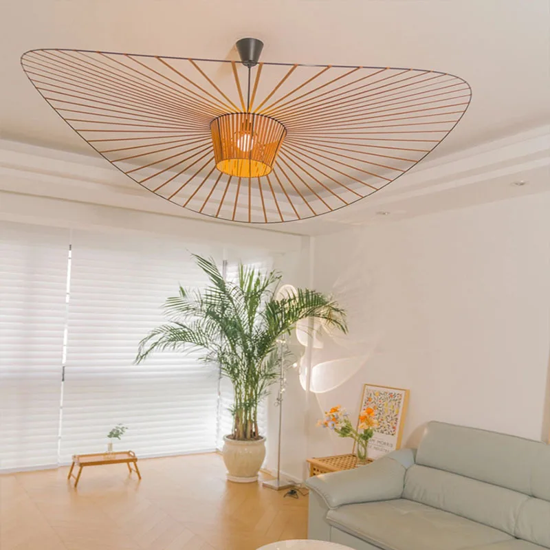 Straw Hat Lamp Nordic Creative Personality Chandelier Dining Room Hat Chandelier Modern Minimalist Living Room Vintage LED Iron