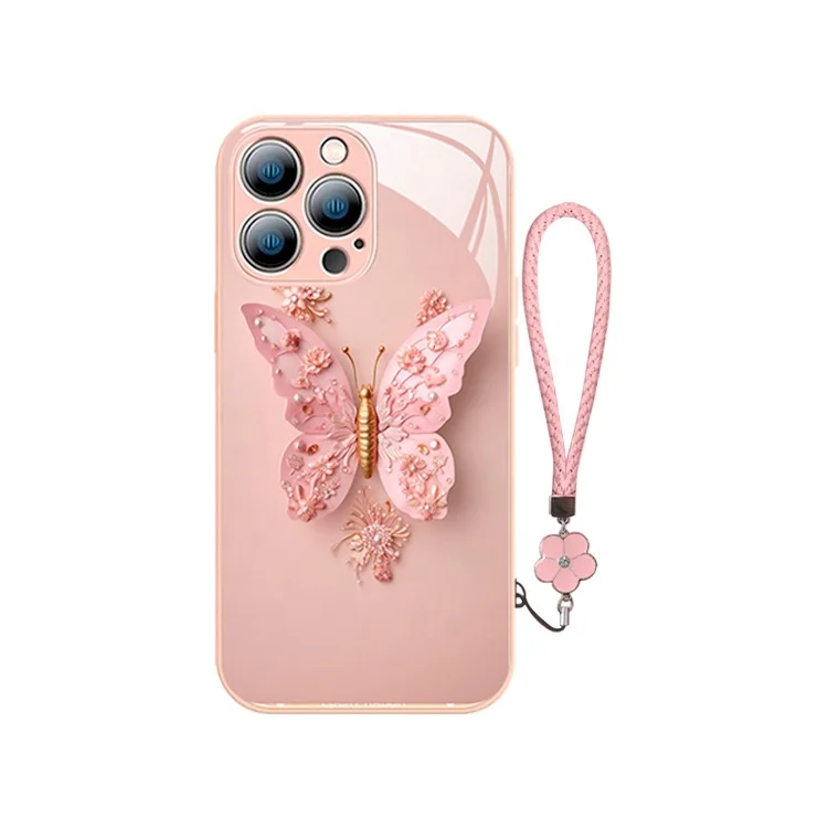Luxury Flat Butterfly Pattern Phone Cover For Iphone 15 Pro 14 13 12 Pro Max 11 Shockproof Bumper Tempered Glass Case