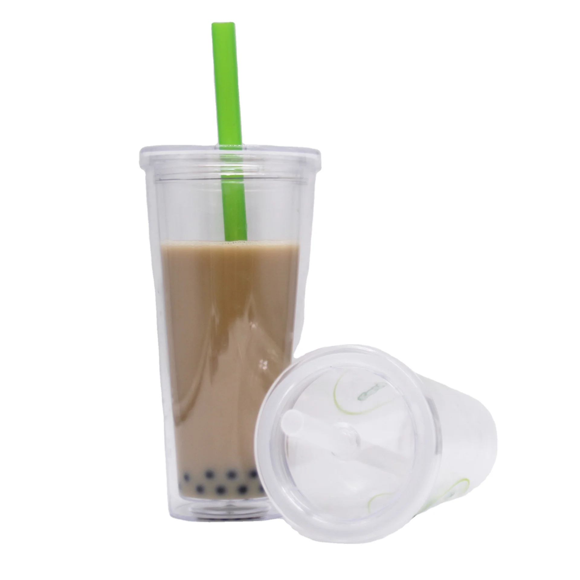 Wholesale BPA FREE 24oz Double Wall Plastic Tumbler Reusable Coffee Bubble Cup Plastic boba Cups With Straw