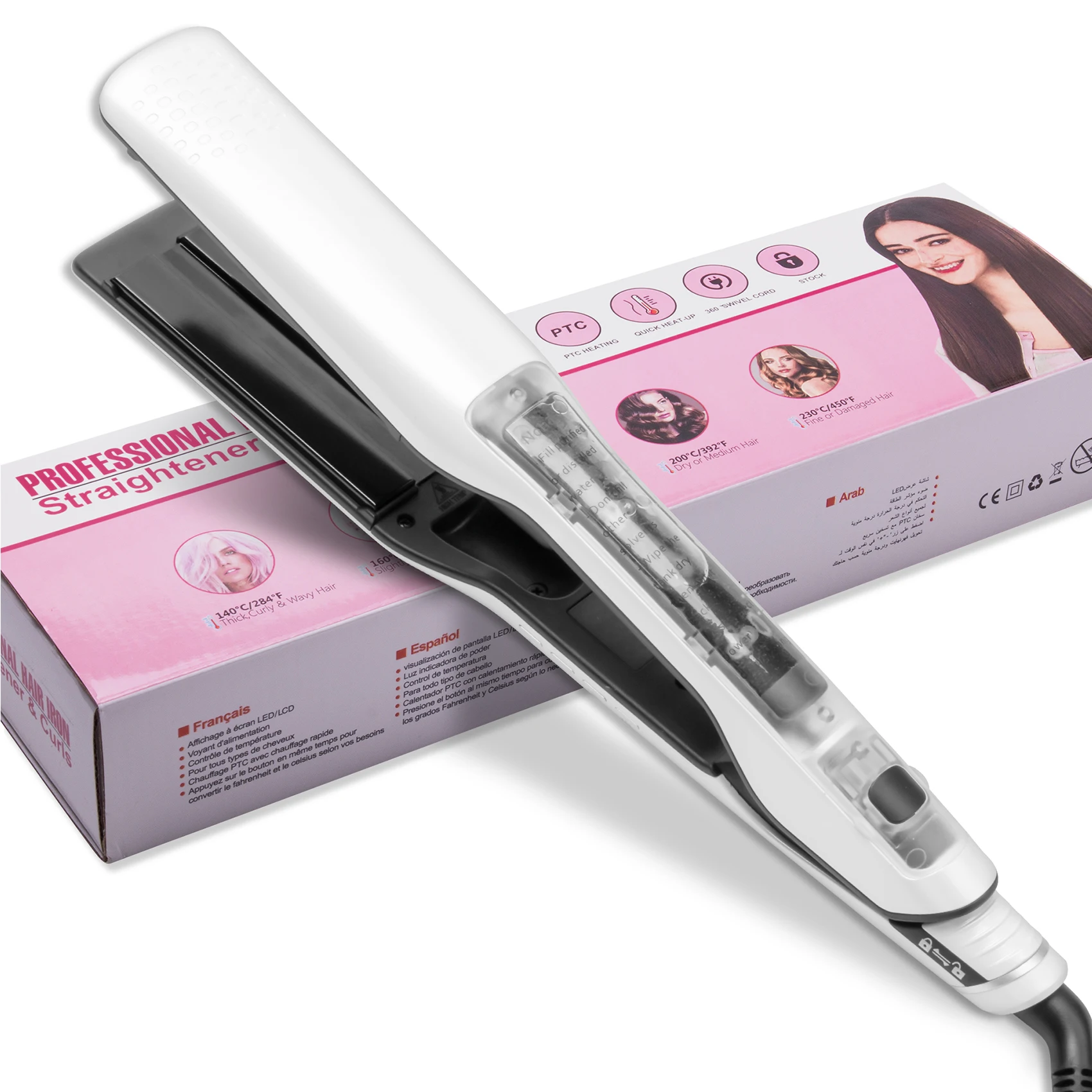 Salon Steam Straightening Brush Iron Professional Nano Electric 2 In 1 Steam Flat Iron Auto Temperature Lock Hair Straightener