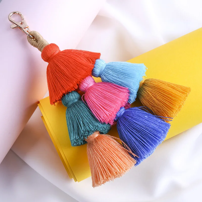 Boho Bag Pendant Bohemian Multi Color Tassel Bag Charm Pom Pom Purse Charm Handbag Charm Pompom Key Chain Tassel Keychain