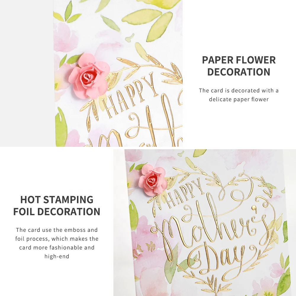 Custom Printing Handmade Rose Paper Flowers Gold Foil Happy Mothers Day Greeting Cards with And Envelopes