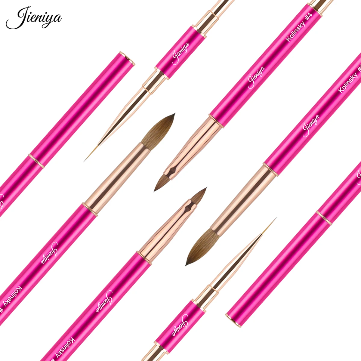 Customized LOGO Kolinsky And Nylon Pink Metal Handle 3D Nail Art Brush Set Painting UV Gel Nail At Liner Brush acrylic brush