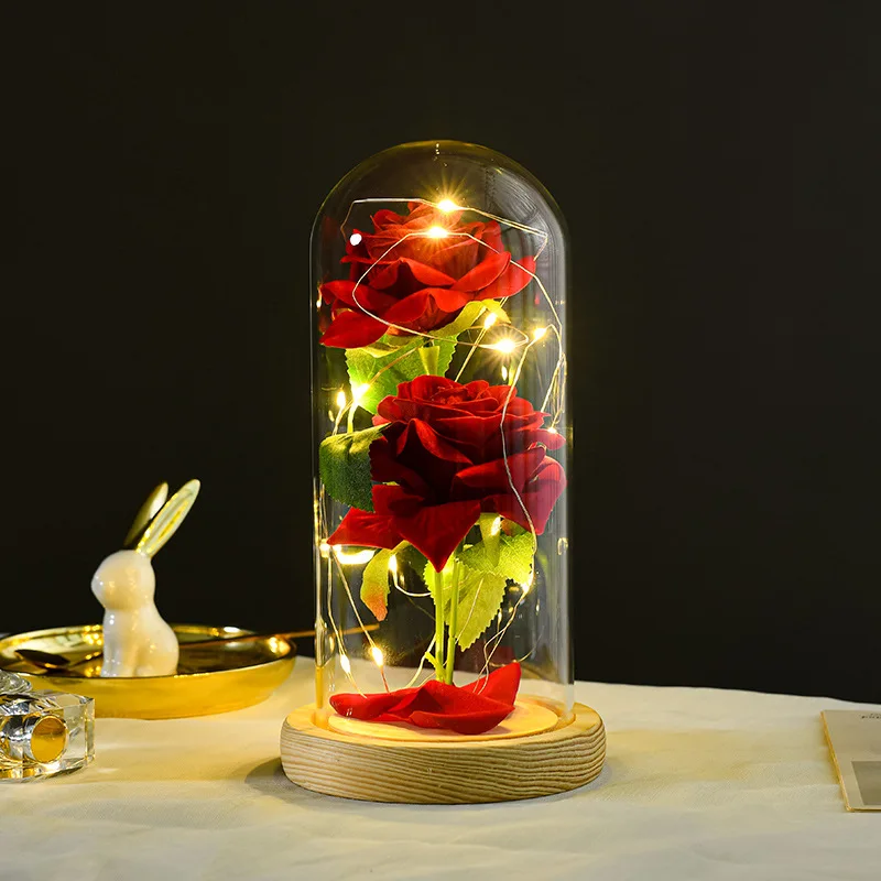 Valentines Day Gift Custom Artificial Flowers Glass Cover With Led Lights Rose flowers In Glass Dome