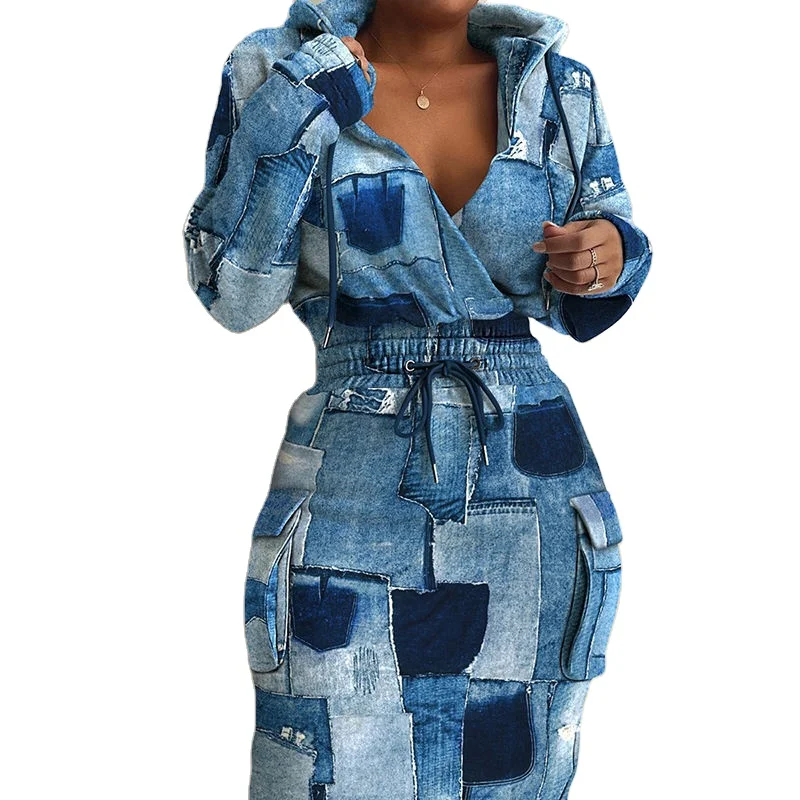 Fashion vintage Print Patchwork Women Deep V Neck Bodycon Party Dress customized Drawstring Office Lady street casual Dress