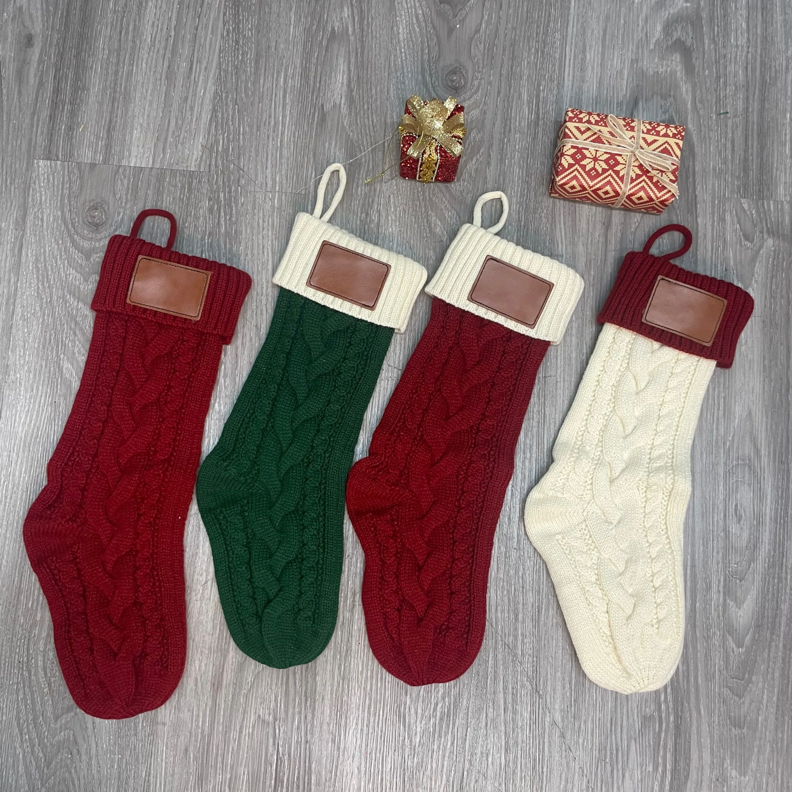 Merry Christmas Stocking Knitted Gift Bag Large Tree Pendant Decoration Leather Patch Party Supplies Luxury Christmas Stockings