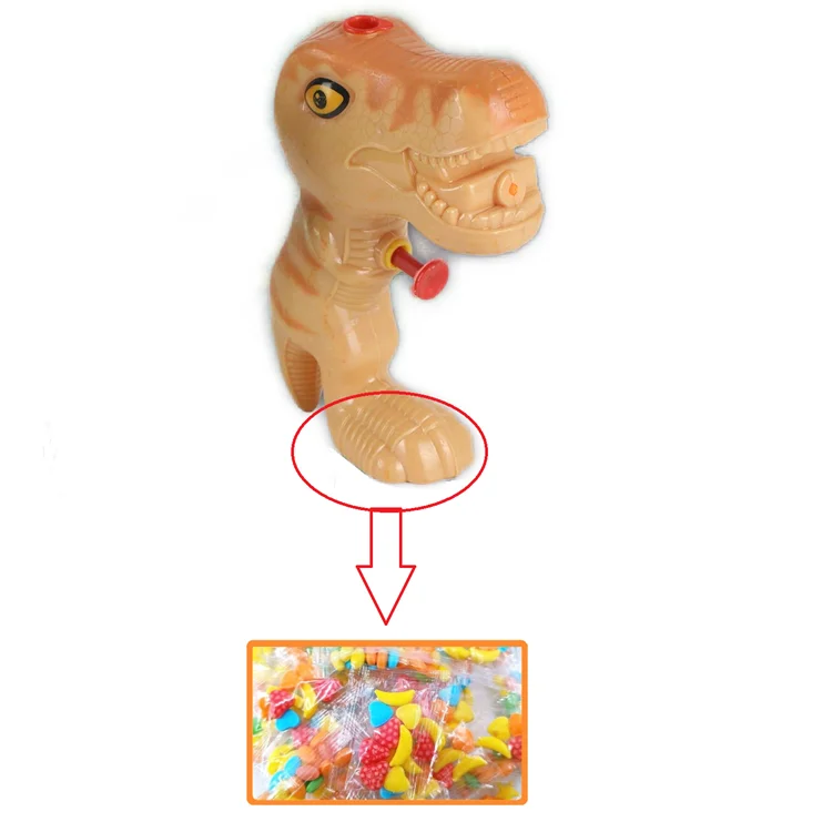Funny outdoor 2 colors cartoon dinosaur water gun toys with candies wholesale candy toy