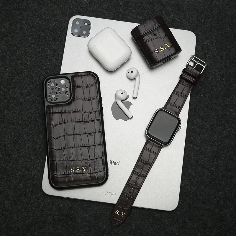 Genuine Leather Luxury Phone Case Watch Band 3 Pieces Set Custom Logo Fashion Designers Case For Phone
