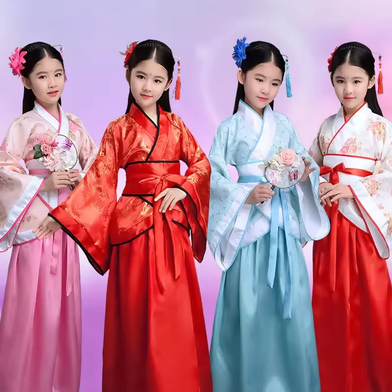 Ancient Chinese Dress Girls Children Kimono Traditional Ethnic Fan Students Chorus Dance Costume Japanese Yukata Kimono Style