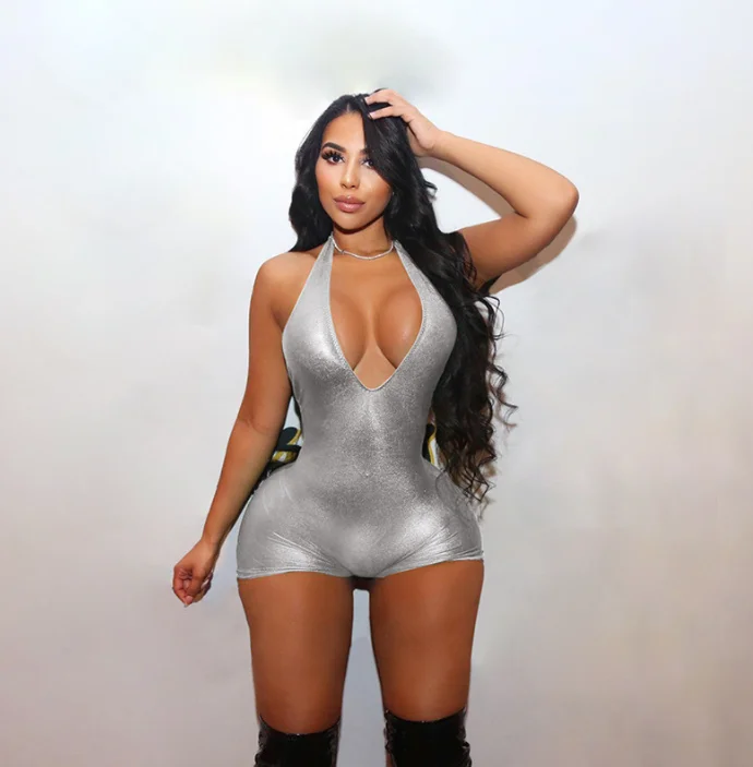 Fashion Women Rompers Short Bodysuits 2023 Spring Sexy Club Backless Halter Short One Piece Jumpsuits Metallic Bright Romper