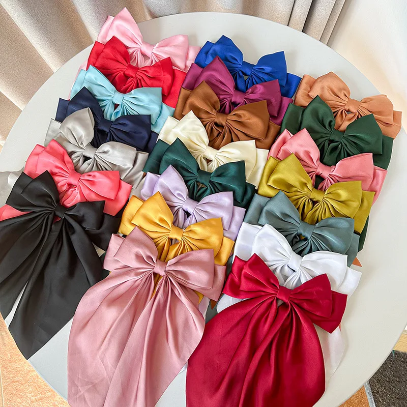 Customizable  Big Bow Hair Clips Solid Color Bowknot Hairpin French Barrette with Long Silky Satin for Adult Teens Women