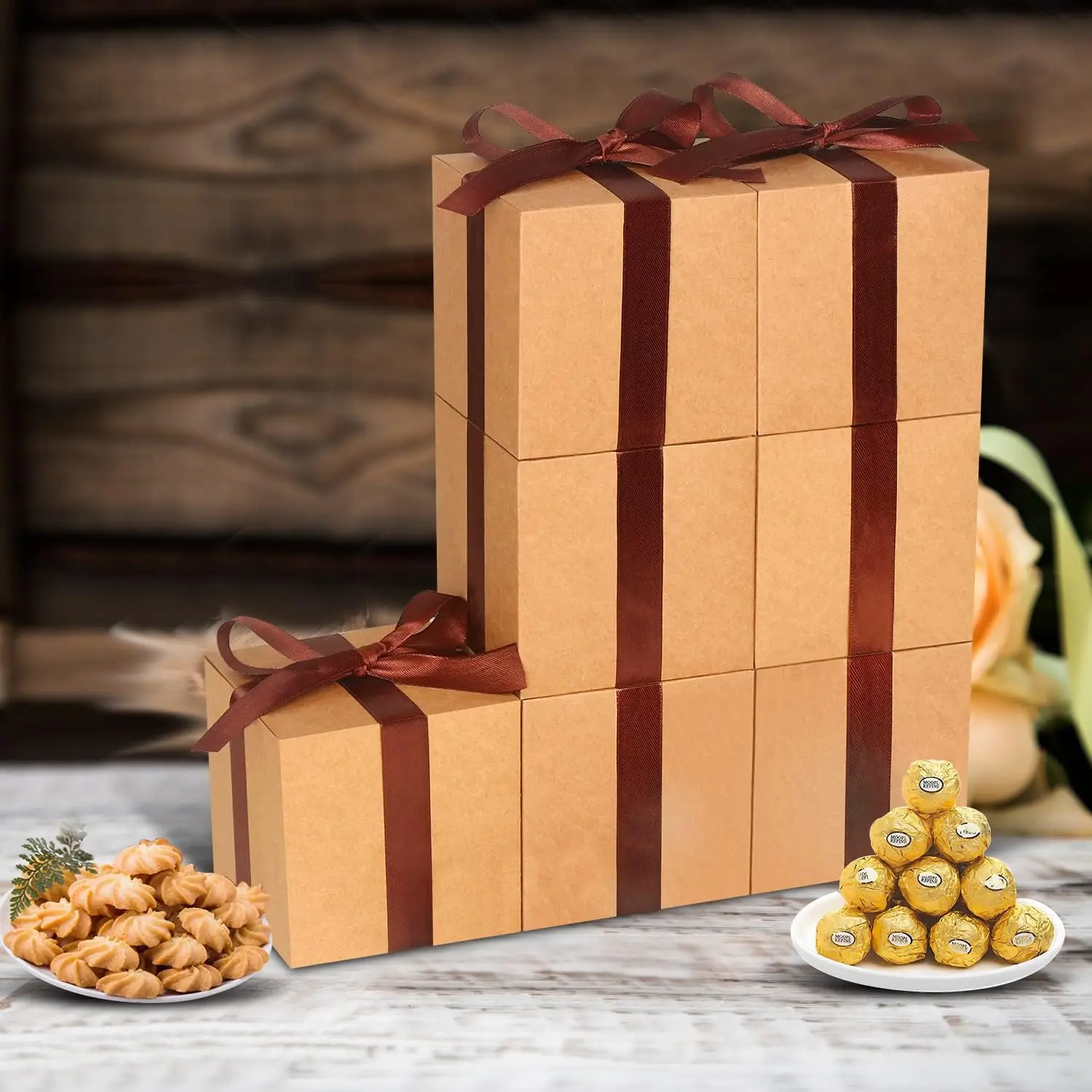 Custom Logo Printed Empty Folding Luxury Brown Paper Case Gift Package Candy Dessert Gift Box With Lid For Baking Decorative