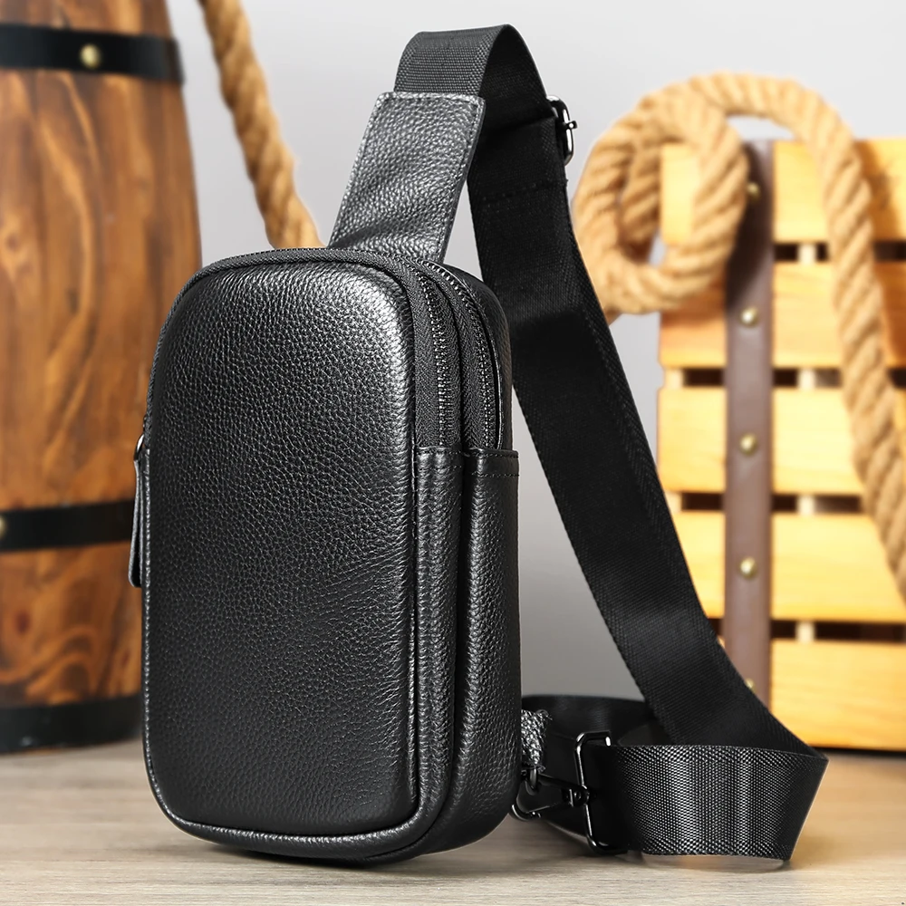 MARRANT Men Chest Sling Bag Leather Waterproof Crossbody Bag One Shoulder Daypack Genuine Leather Chest Bag for Men