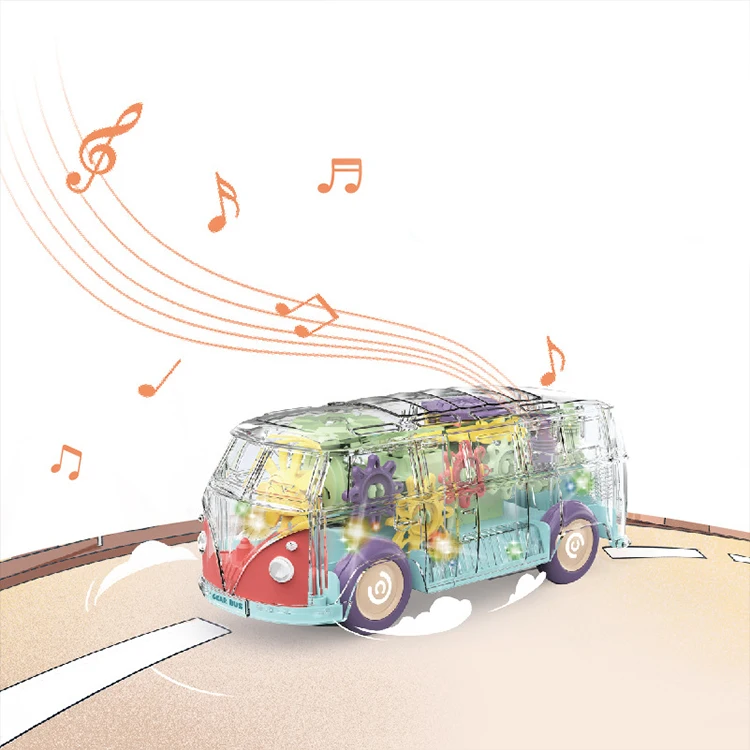 Novelty Electric Toy Flashing Light B/O Transparent Rotating Transparent Gear Bus Universal Concept Car Toy With Music