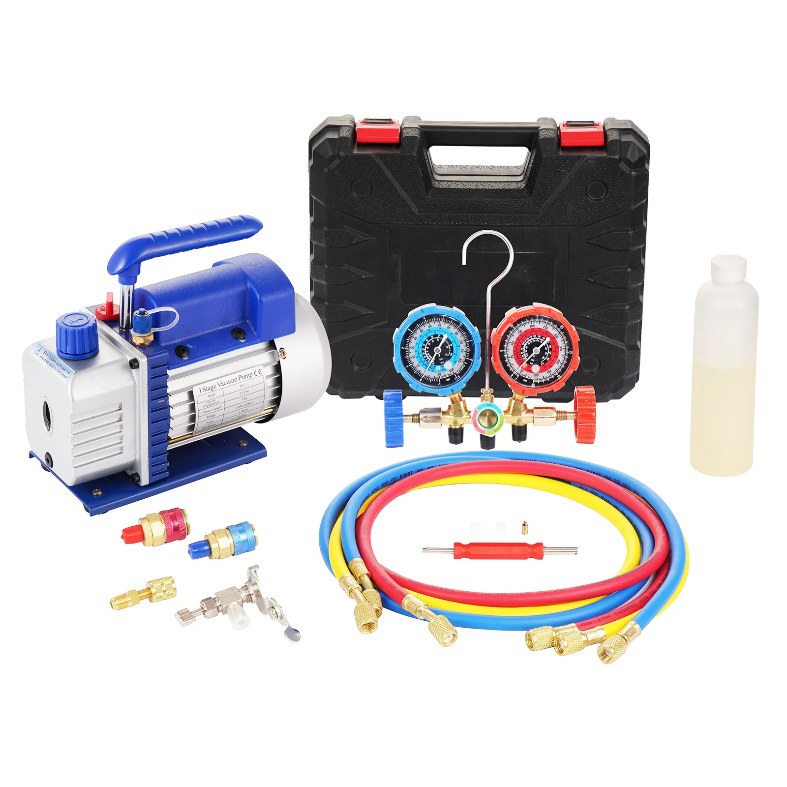 3CFM 1/4HP Single Stage Vacuum Pump and 3-Way Manifold Gauge Set for
