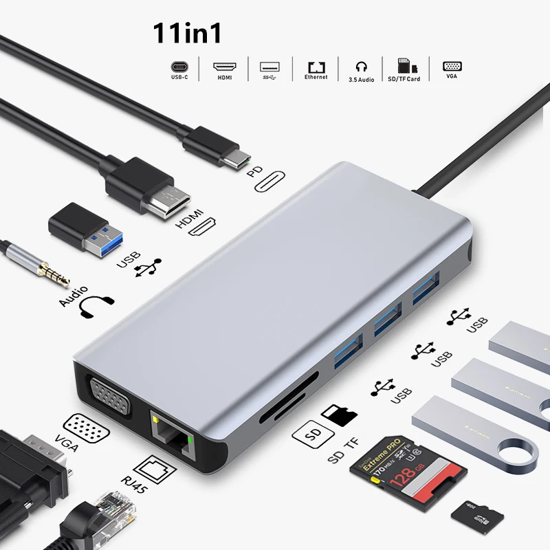 11 in 1 USB C HUB Type C Adapter to 4K HDMI VGA RJ45 Lan Ethernet SD/TF Hub 3.5MM AUX 11 Port Dock Station PC Laptop Splitter
