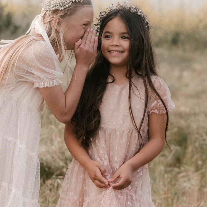 Kids Clothes Children Wear Baby Dresses Custom Lace with Puff Sleeves Summer for Girl Clothes