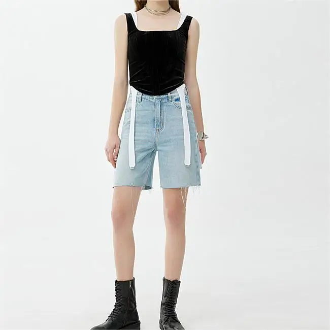 New high-waisted jeans Fashion raw edge denim shorts with casual riding pants