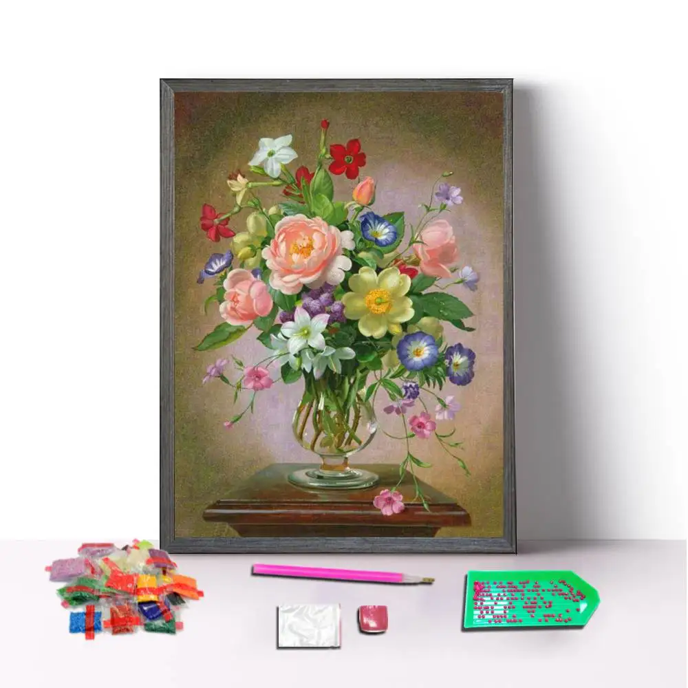 Wholesale Diy Diamond Embroidery Rose Flowers In A Vase Photo Printing 5d Diamond Painting Kits Decorative Lighted Wall Art fram