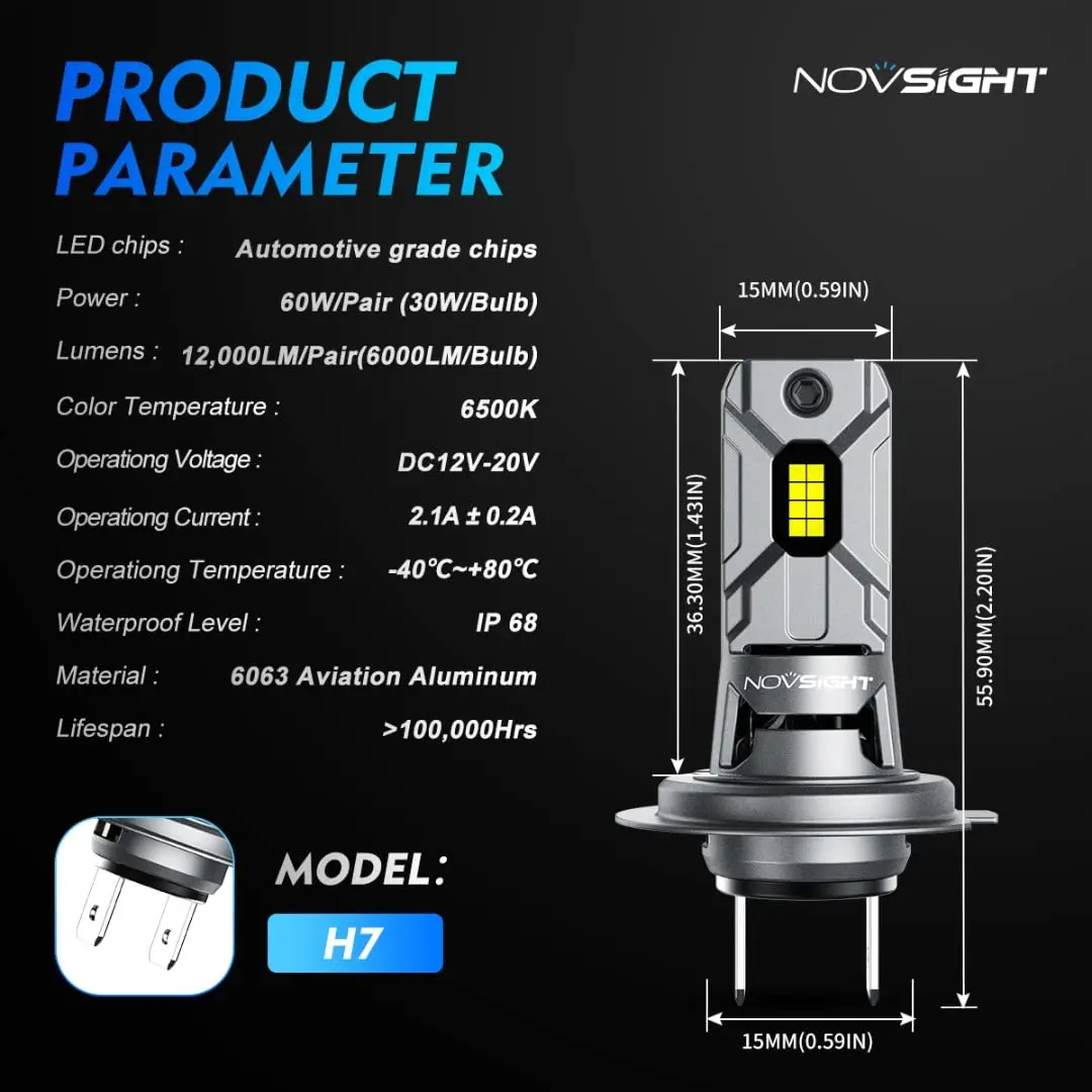 Novsight N64 Мини Размер plug and play 1:1 автомобиль H7 светодиодная лампа для фар h18 12000 люмен 60 Вт h7 фара