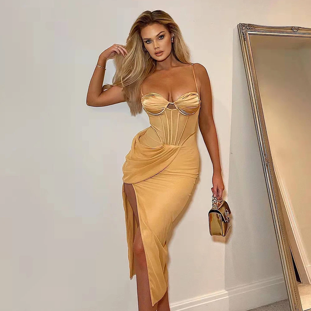 Summer Mesh Spaghetti Strap Draped Party Dresses Side Slit Padded Hidden Zippers Corset Midi Club Dresses Evening Dresses