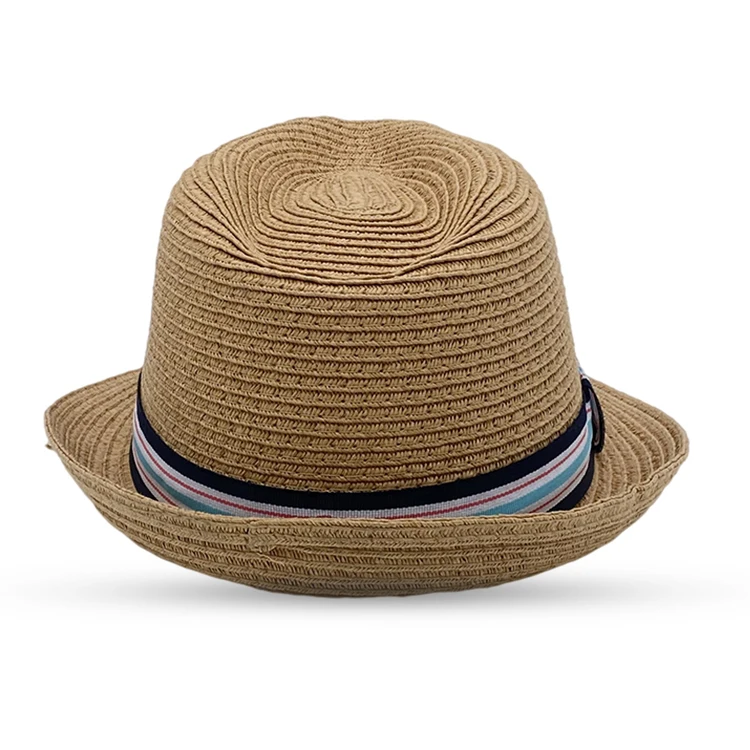 Оптовая продажа, уличная Складная светло-коричневая соломенная шляпа для мальчиков с полосатой лентой