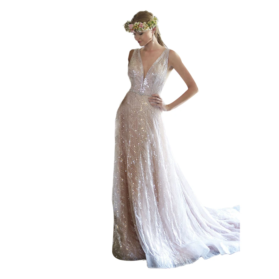 
Deep V Neck Wedding Dresses Silver Sequin Women Long Evening Dresses 