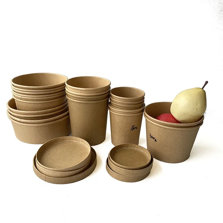 
custom compostable disposable biodegradable kraft paper soup cup with paper lid printing 