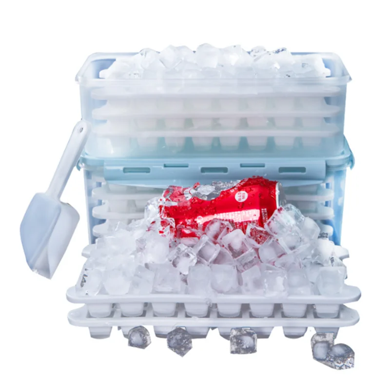 128 Trapezoid Ice Cubes Silicone Bin and Trays Storage Container Set With Airtight Locking Lid Cover, Scoop Spatula