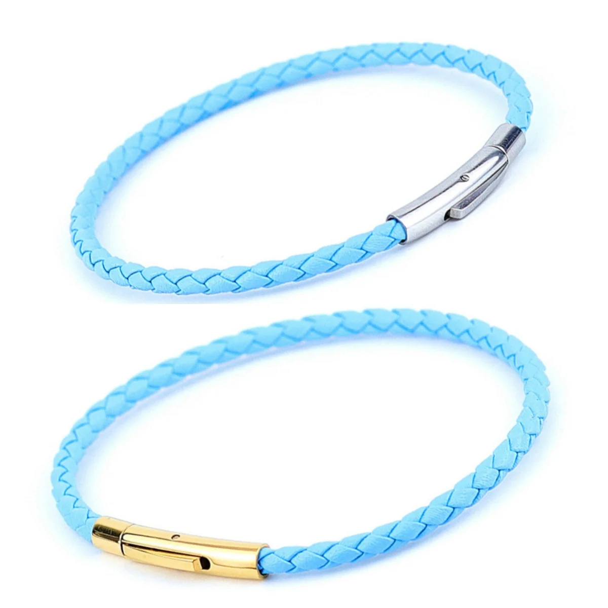 Wholesale men women leather jewelry bracelets Stainless steel snap clasp handmade braided blue genuine leather bracelet for men