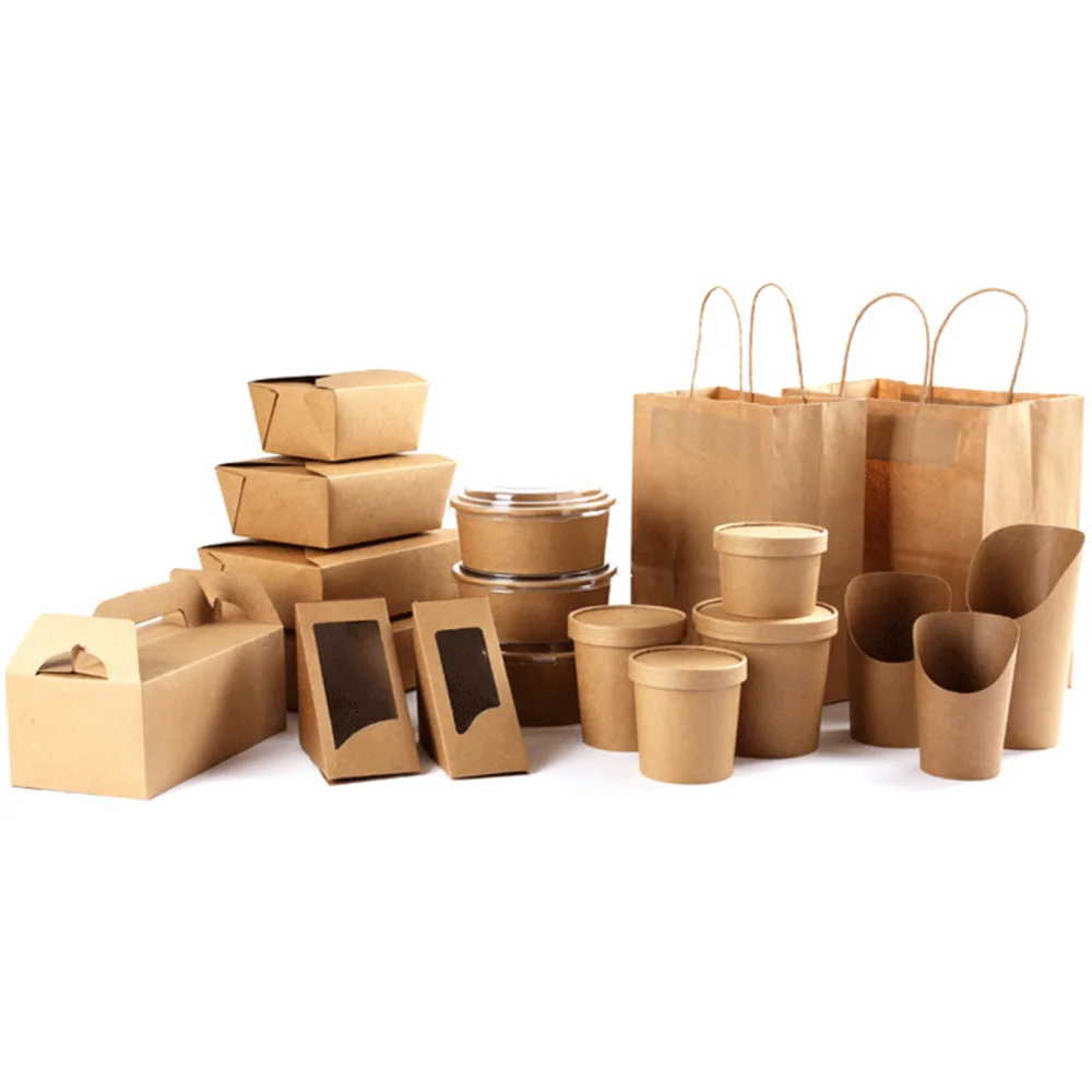 2100ml Rectangle chicken recyclable biodegradable boxes disposable brown kraft paper takeout food paper box with clear window
