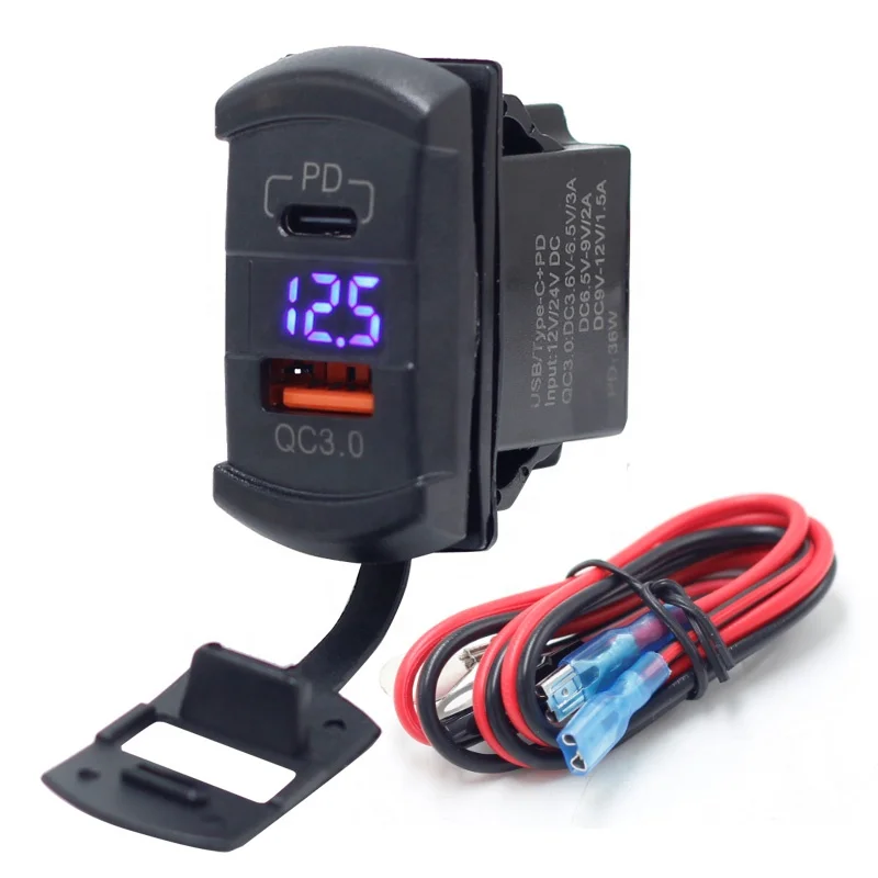 Dual USB C Car Charger Socket Quick Charge 3.0 USB 12V/24V Panel Mount Waterproof Dual USB Charger With Voltmeter Display