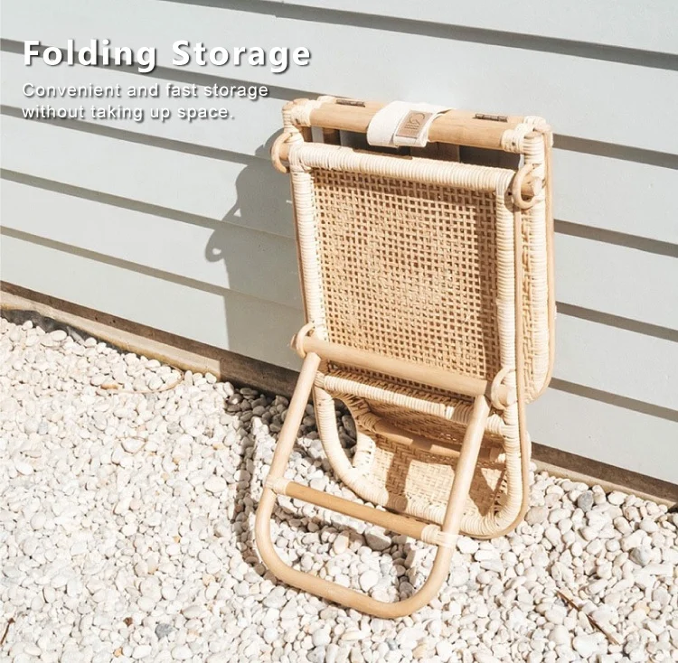 Bali Outdoor Portable Foldable, Handmade Natural Rattan Woven Backrest Recliner Sun Lounge Lightweight Backpack Beach Chairs/