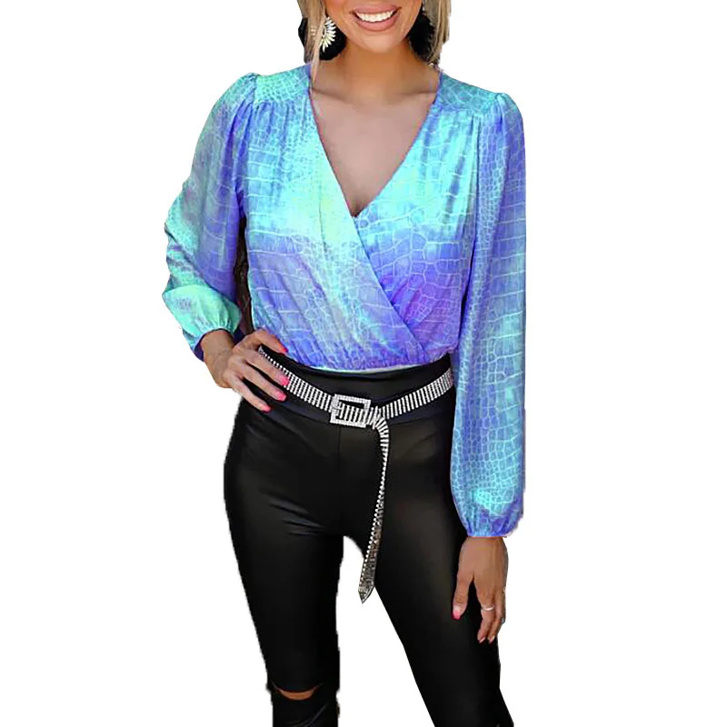 Wholesale new autumn print snake pattern cross stitching casual long-sleeved v-neck blouse