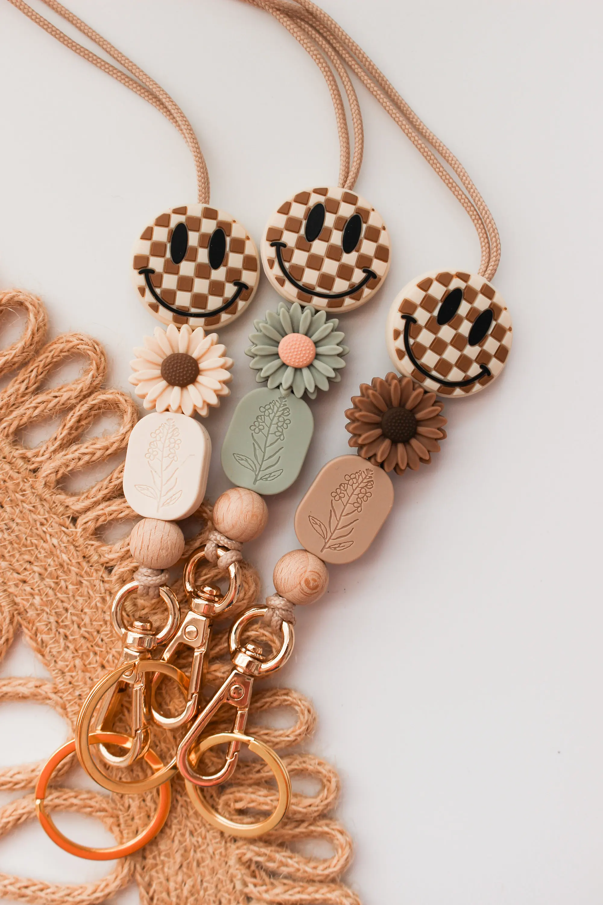 New Style Chic Bohemian Style Silicone Beads Daisy Smiley Face School Day Lanyard Key Chain